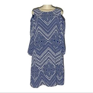 Liz Ii Sz 16 Blue and Cream Polyester Full Throw, Above Knee Shouoless Dress